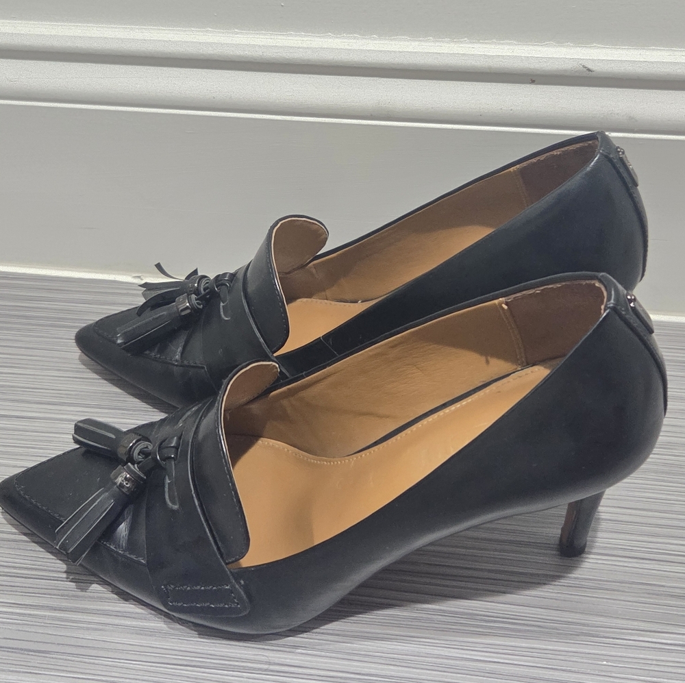 Coach Black Tassel Women's Heeled Loafers - Picture 3 of 10